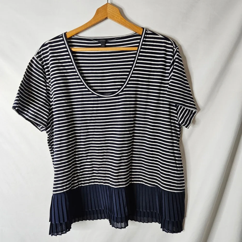 J. Crew Navy and White‎ Striped  Pleated Chiffon Hem Blouse sz XL